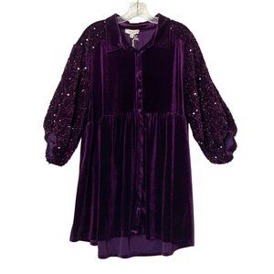 New Umgee Purple Velvet Button Down Tunic Sequined Balloon Sleeves Womens Sz 1XL
